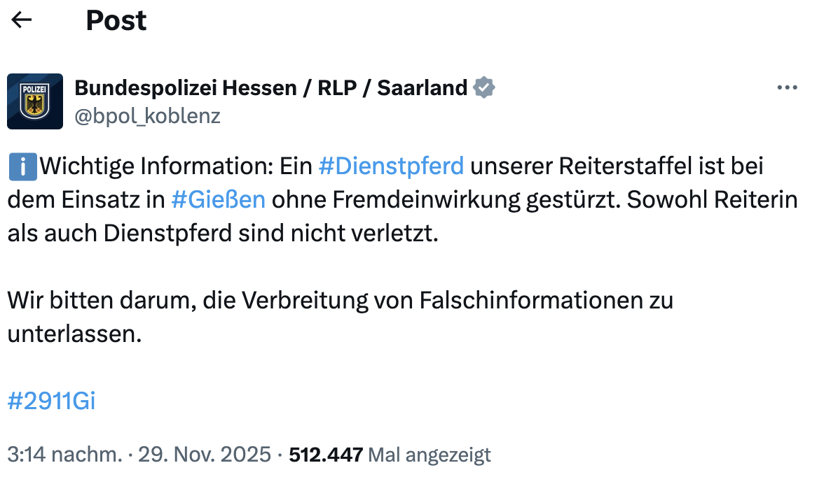 X-Post von der Polizei Koblenz zum Polizeipferd, dass in Gießen ohne Fremdeinwirkung verletzt wurde